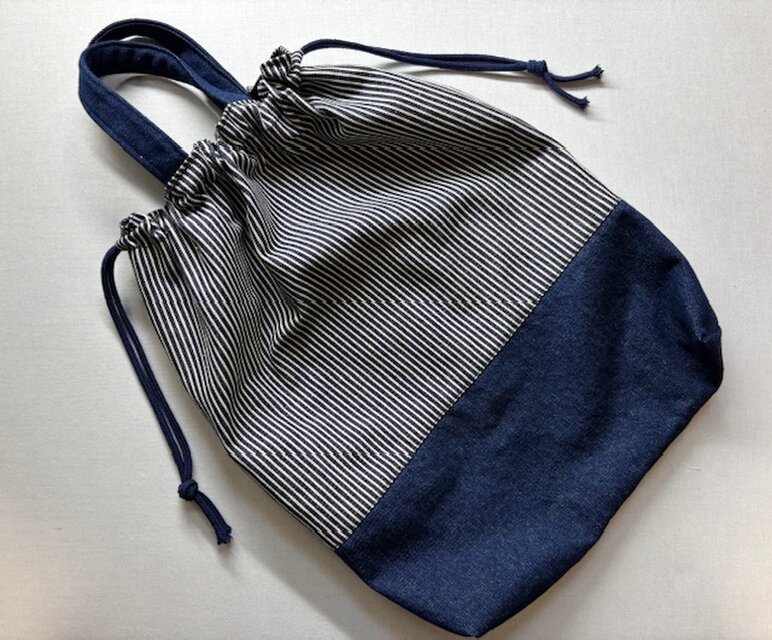体操服入れ　大きめ【ヒッコリーデニム×紺デニム】持ち手つき