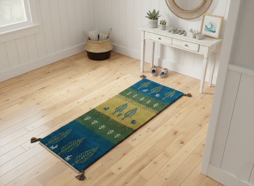 ペルシャ　ギャッベ ミニランナー　細長いラグ　120x43㎝　黄緑色　緑色　濃い緑色　糸杉　RJ15912