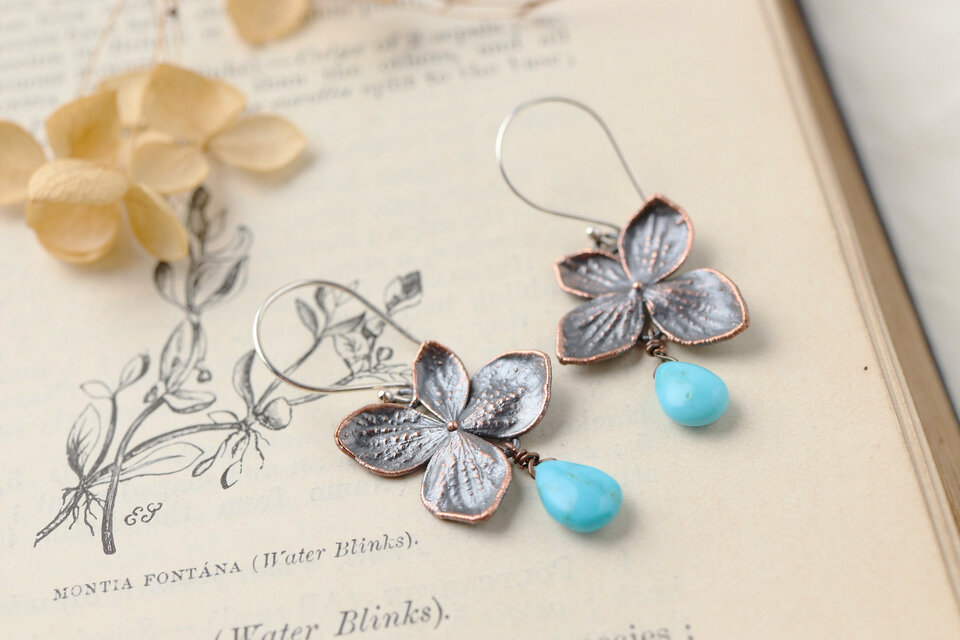 紫陽花とターコイズ アンティークピアス