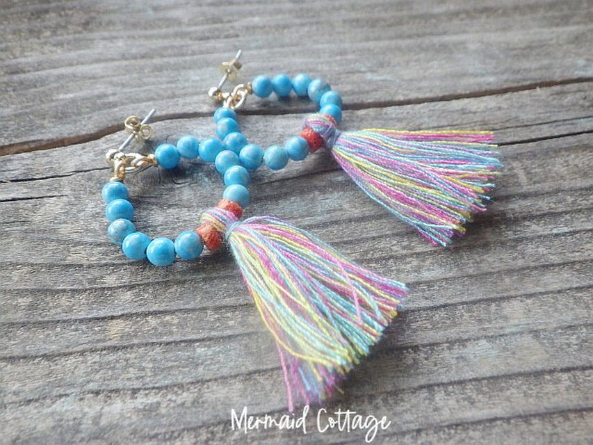 Turquoise Blue Hoop ターコイズブルーサークルのフリンジフープピアス