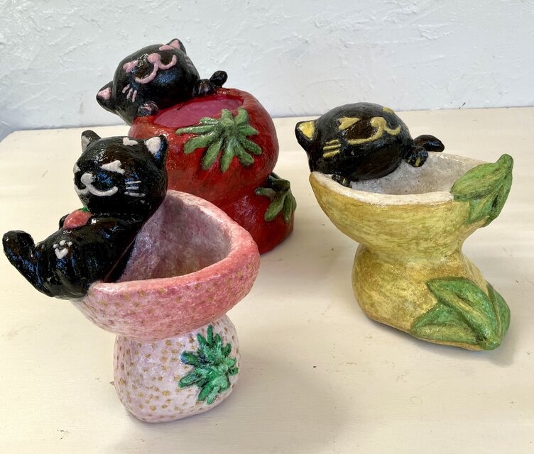 植木鉢 セメント ミニサイズ猫 いちご形プランターオブジェ手作り