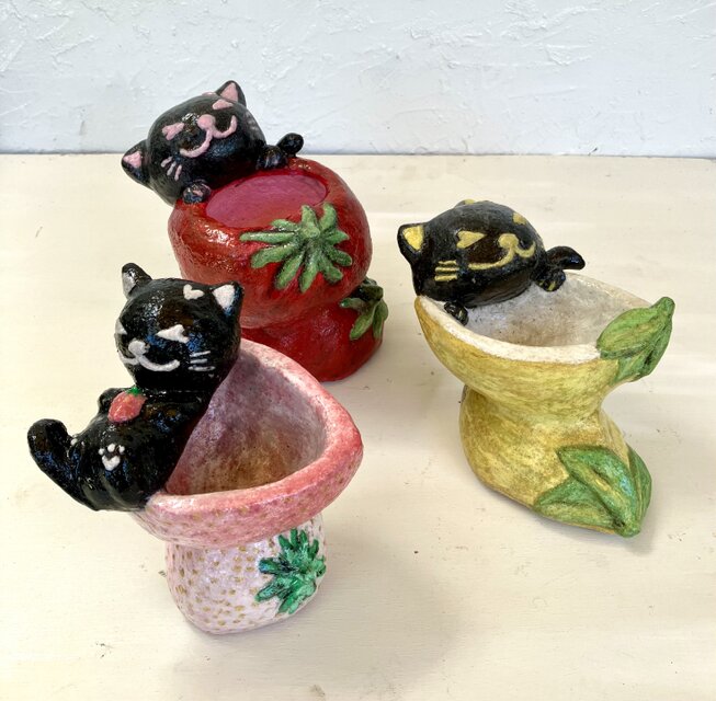 植木鉢 セメント ミニサイズ猫 いちご形プランターオブジェ手作り