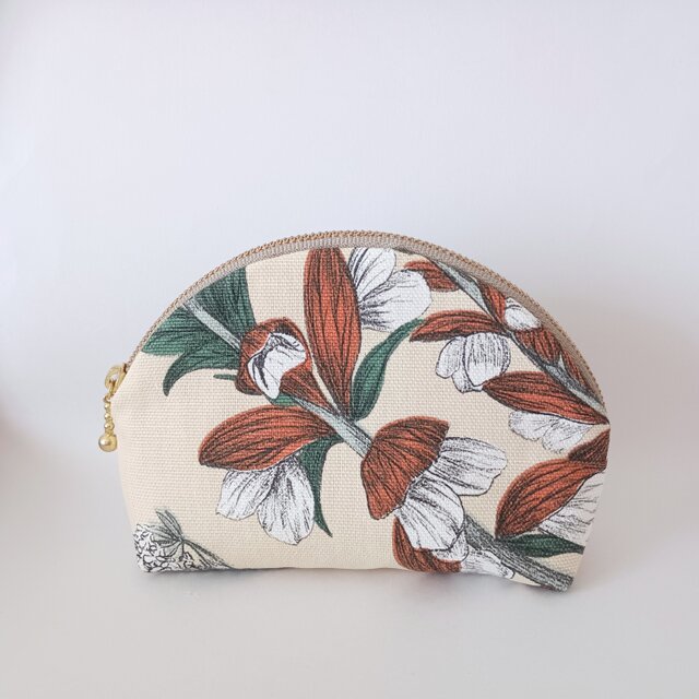 半月ポーチ 植物柄 ボタニカル 20cmファスナー ハンドメイド