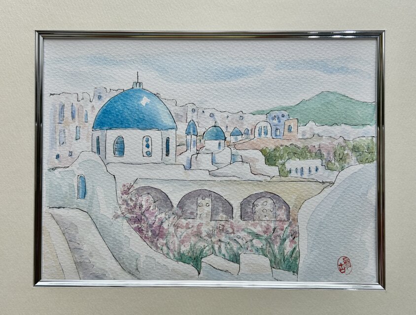 おだやかな休日(ギリシャ、サントリーニ島、水彩画、原画、額付き