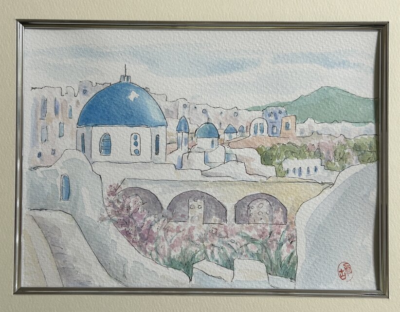 おだやかな休日(ギリシャ、サントリーニ島、水彩画、原画、額付き