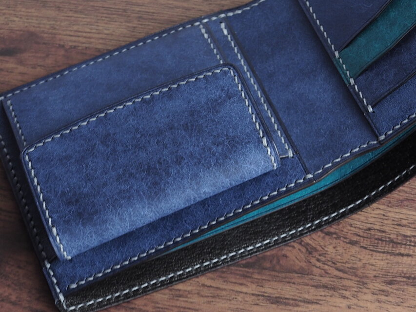 総手縫い│イタリアンレザーマルゴー│2つ折財布│コバルト×トルケーゼ