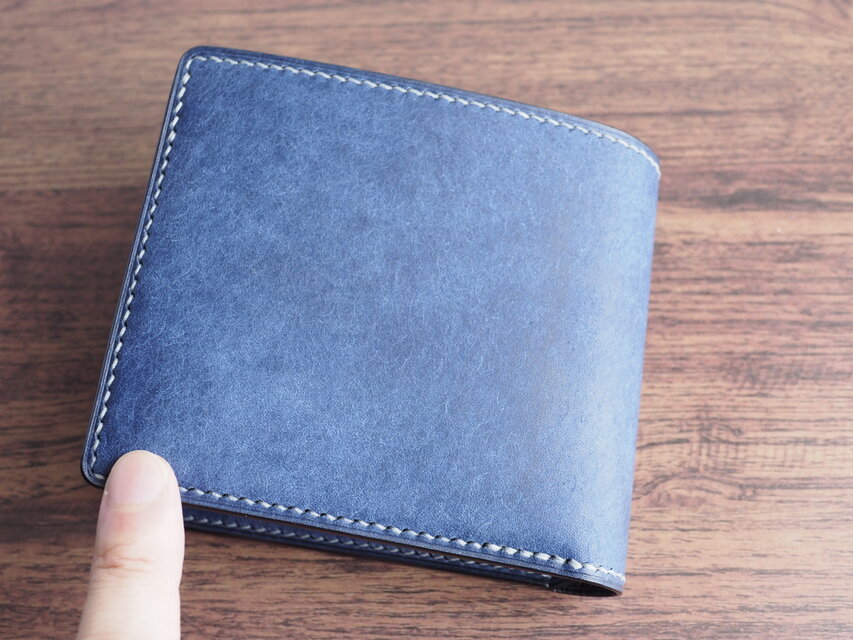 二つ折り財布 ブルー ハンドメイド イタリアンレザー 総手縫い イタリアンレザー 二つ折り 財布 総手縫い フルレザー 本革 牛革