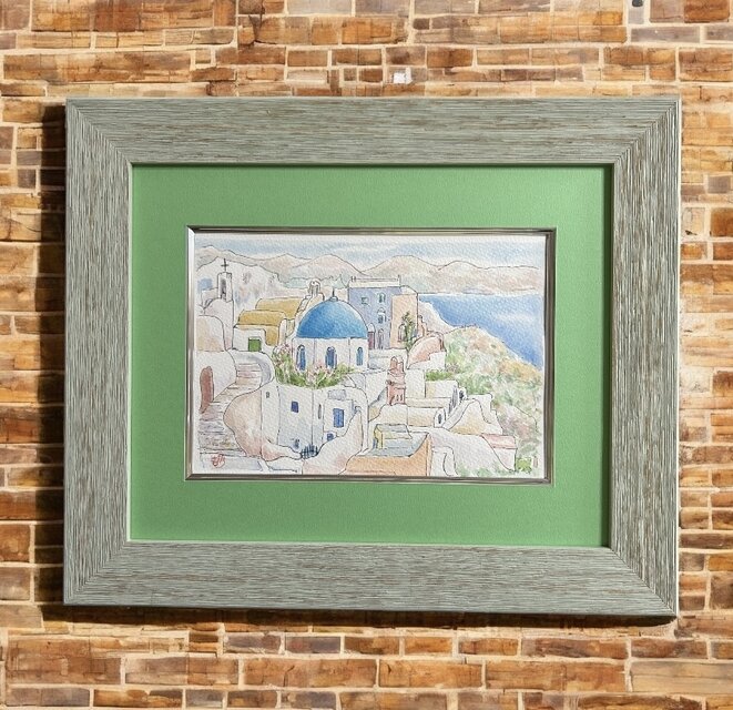 エーゲ海の宝石(ギリシャ、サントリーニ島、水彩画、原画、額付き