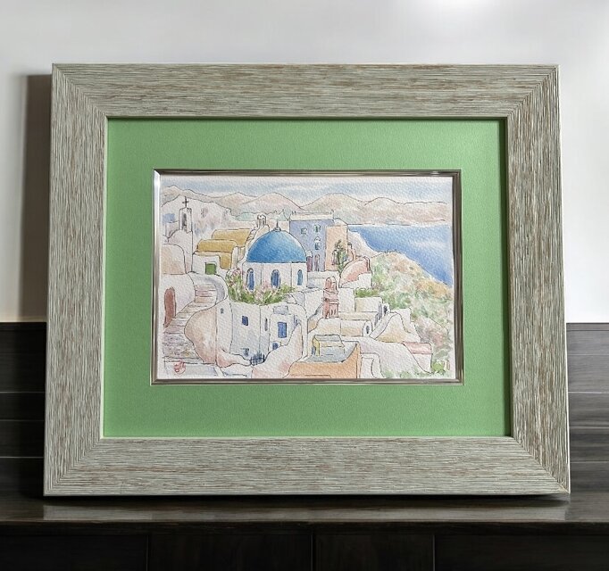 宝石の門アーチ型の絵画 エーゲ海の宝石(ギリシャ、サントリーニ島、水彩画、原画、額付き