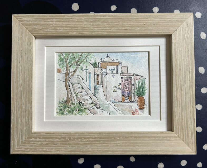まどろむ昼下がり(水彩画、ギリシャ、サントリーニ島、原画、フレーム