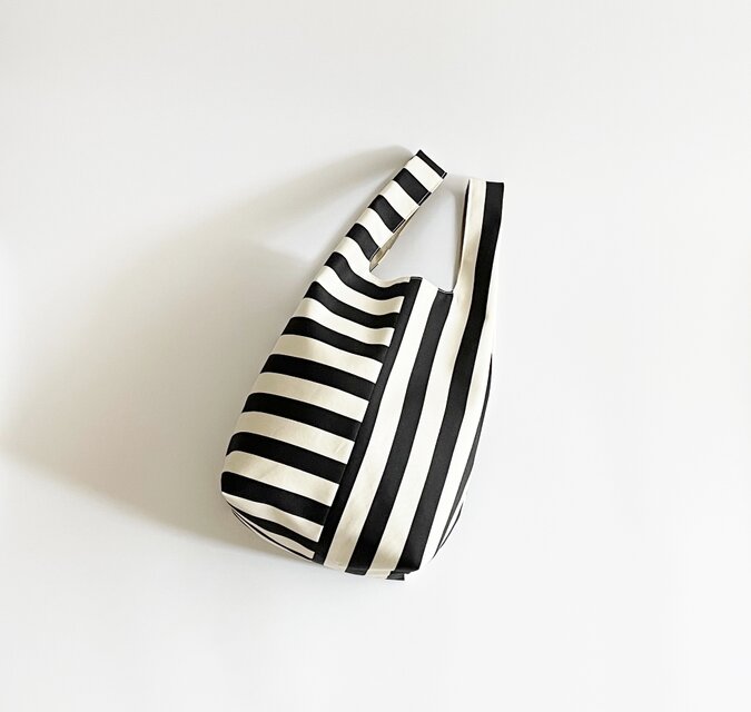 白黒ボーダー ストライプ マルシェバッグ 手提げバッグ モノトーン