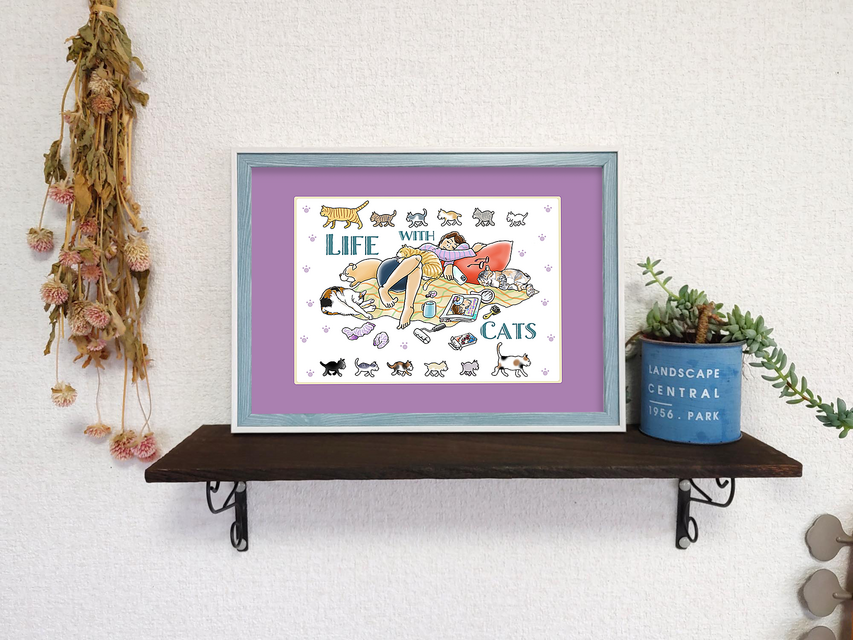 フレーム付き/アートポスター/そのままプレゼントに/すぐ飾れる/ネコのいる日々/A4/猫さん/にゃんこ/癒し/猫吸い