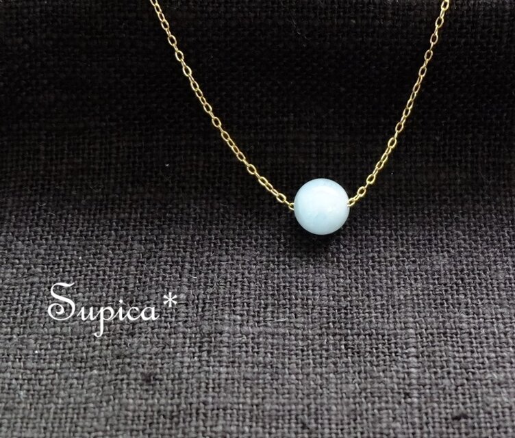 s142-223【3月の誕生石　アクアマリン】チェーンの色と長さ選べる　天然石のひとつぶネックレス