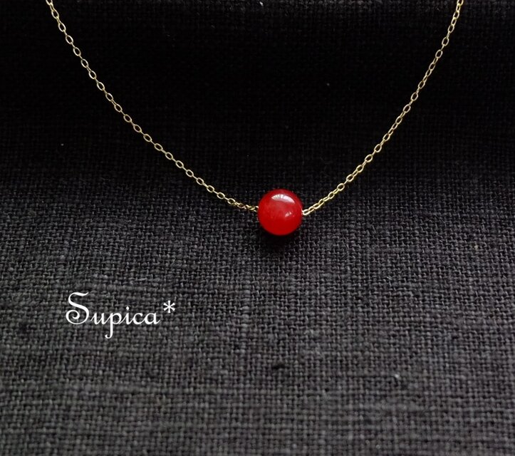s159-160【天然石 レッドカラージェード】チェーンの色と長さ選べる　天然石のひとつぶネックレス