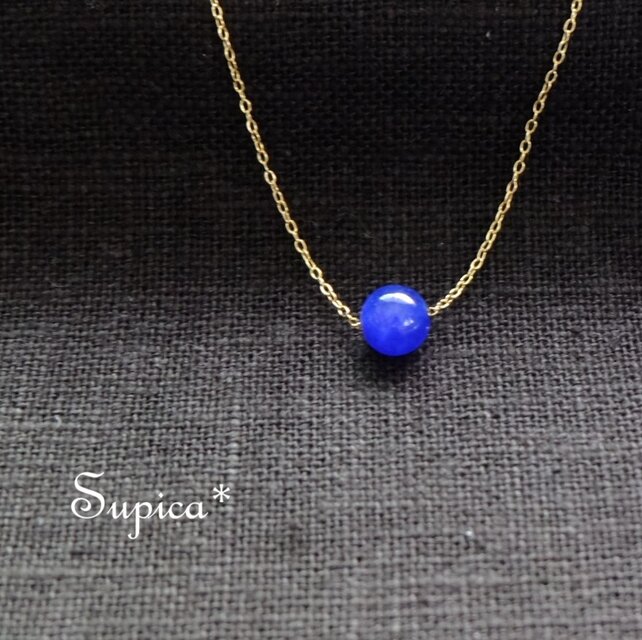 s168-160【天然石 ブルーカラージェード】チェーンの色と長さ選べる　天然石のひとつぶネックレス