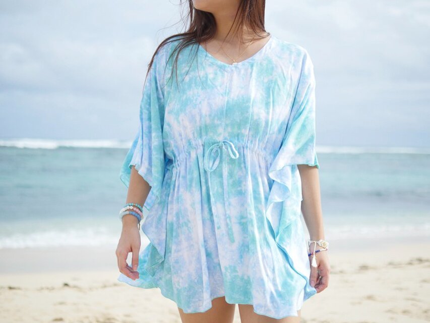 夏の新作！ムラ染めバタフライスリーブトップス　＜シーグリーン＞