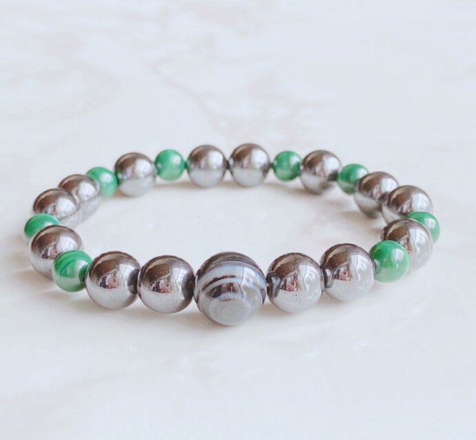 スポーツをされている方へ 運動能力を高めて怪我を回避する 天眼石 ヘマタイト マラカイト天然石ブレスレット No351再