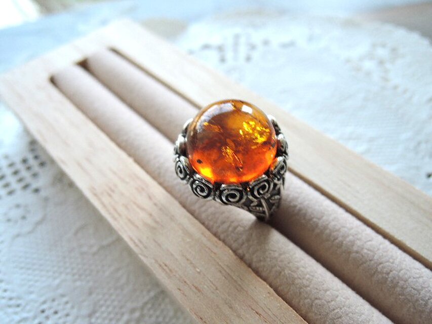 1407）天然琥珀バルティックアンバーラウンドカボション14mmローズ