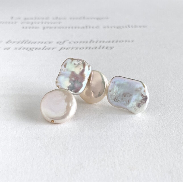 バロックパール 選べる長方形のパールとコインパールのアシンメトリックピアス (イヤリングに変更可能）