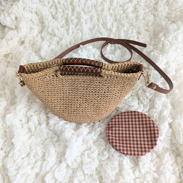 ラフィア風 丸底2way ショルダーバッグ（丸ハンドル・ブラウン