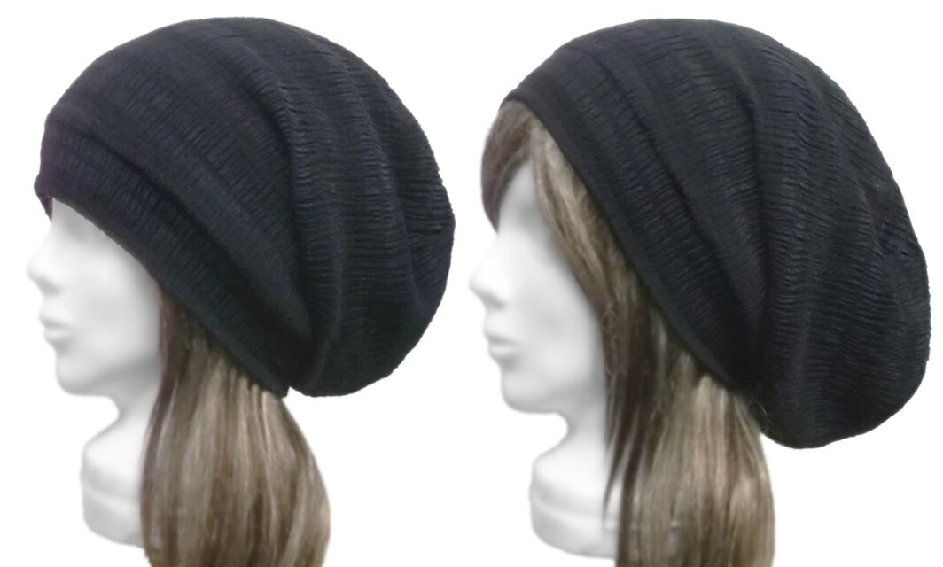 リブ付ルーズワッチキャップ◆ボーダー柄 シャーリングニット／ネイビー×ブラック　◇ゆったりサイズ・小顔効果・オールシーズン着用◇