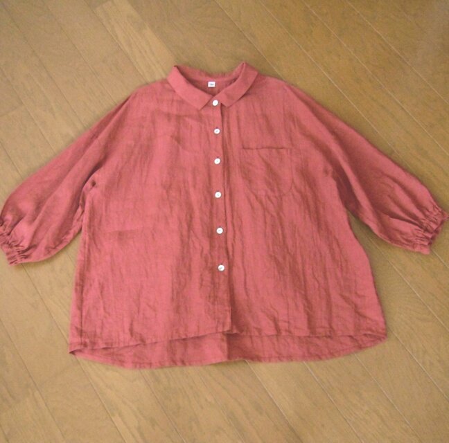 【S様ご注文品】リネンの8分袖ブラウス　渋赤