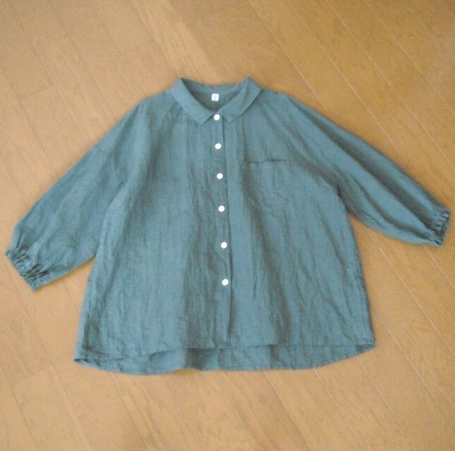 【S様ご注文品】リネンの8分袖ブラウス　渋グリーン