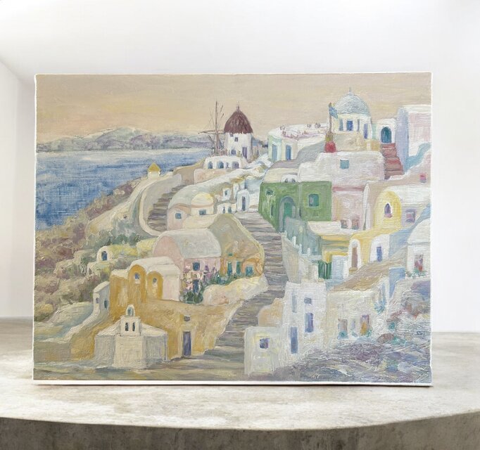 エーゲ海に浮かぶ島（油絵6号、ギリシャ、サントリーニ島の村イア