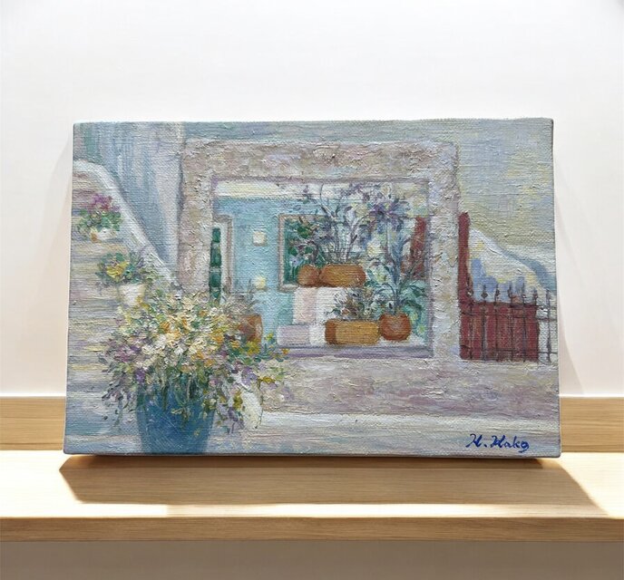 島のレストラン(油絵サムホール、ギリシャ、サントリーニ島、原画)