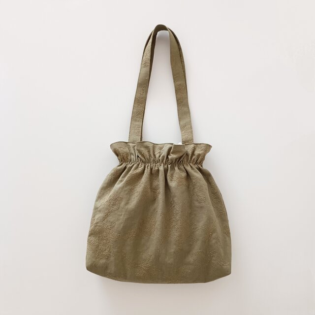 ハーフリネン 巾着風ショルダーバッグ ステッチ刺繍 カーキ