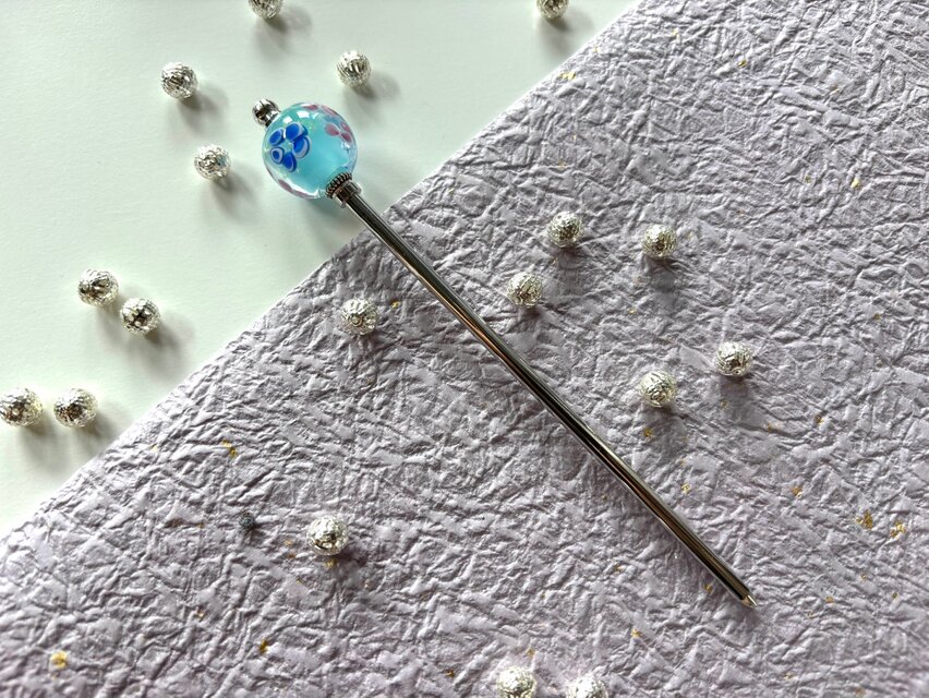 かんざし 水色とピンクの花のとんぼ玉 一本挿し 一本簪 涼しげ