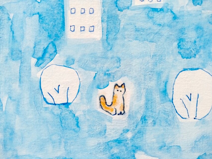 原画・イラスト】「猫と三日月」 ※木製額縁入り ・猫の絵・水彩