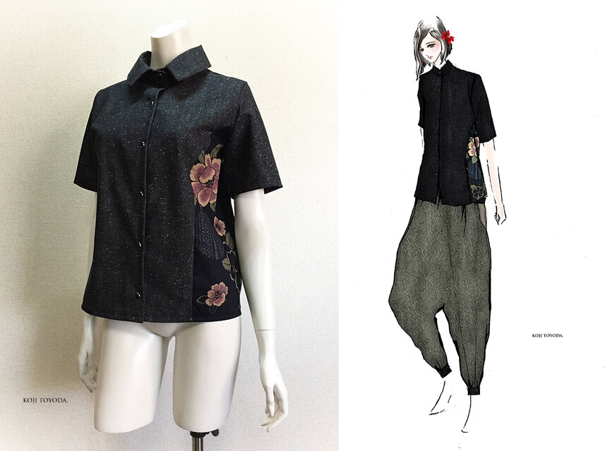 1点もの・デザイン画付き】岡山産デニム＆和柄切り替えブラウス