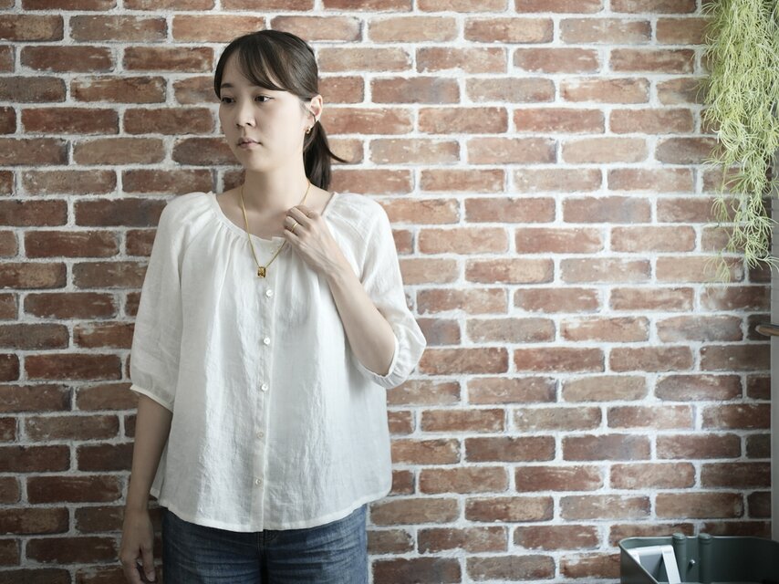 上質リネンのゆったり前開き５分袖ブラウス　No.360