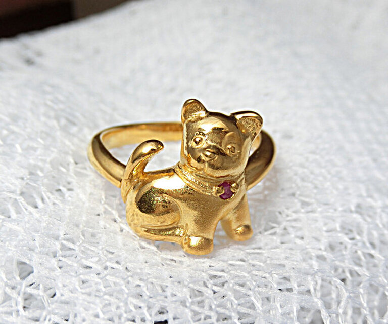 純金仕上：天然ルビー・子犬リング（シルバー）＊あなたの誕生石もセットできます。