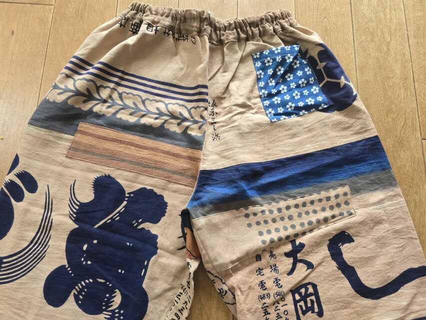 着物リメイク 手作り 柿渋染め 手ぬぐい パッチワーク パンツ