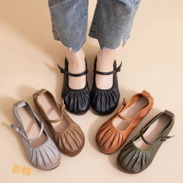 【受注製作】丸トウぺたんこシューズ  しわ加工 手製牛革レザー PS036