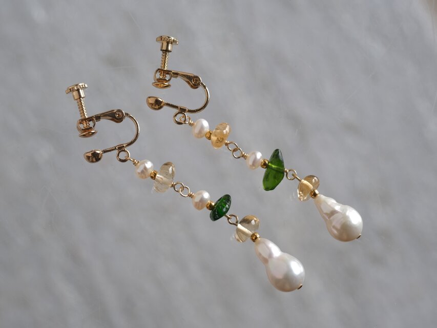 Ýmsar ferskvatnsperlur earring　淡水真珠　天然石シトリン　クロムダイオプサイド　ピアス・イヤリング