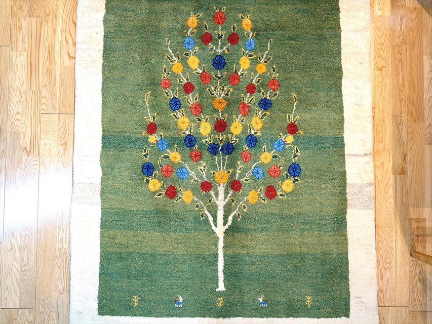 ペルシャ ギャッベ リビング 168x120㎝ ザクロの木 緑色 アイボリー