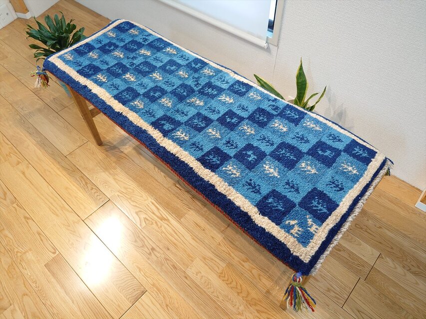 ペルシャ　ギャッベ ミニランナー　ラグ　115x43cm　青　藍色　チェス　RD7534