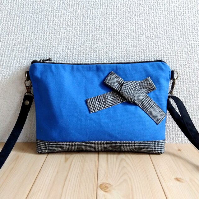 【特価】リボンショルダーバッグ　25cmファスナー　グレンチェック×ブルー帆布　　744