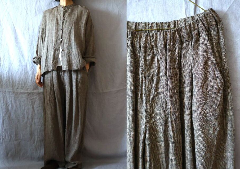 【受注制作】キャメル/グレンチェックリネン　Bigワイドパンツ