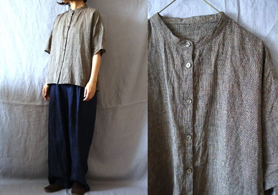 【受注制作】キャメル/グレンチェックリネン　半袖バンドカラーシャツ
