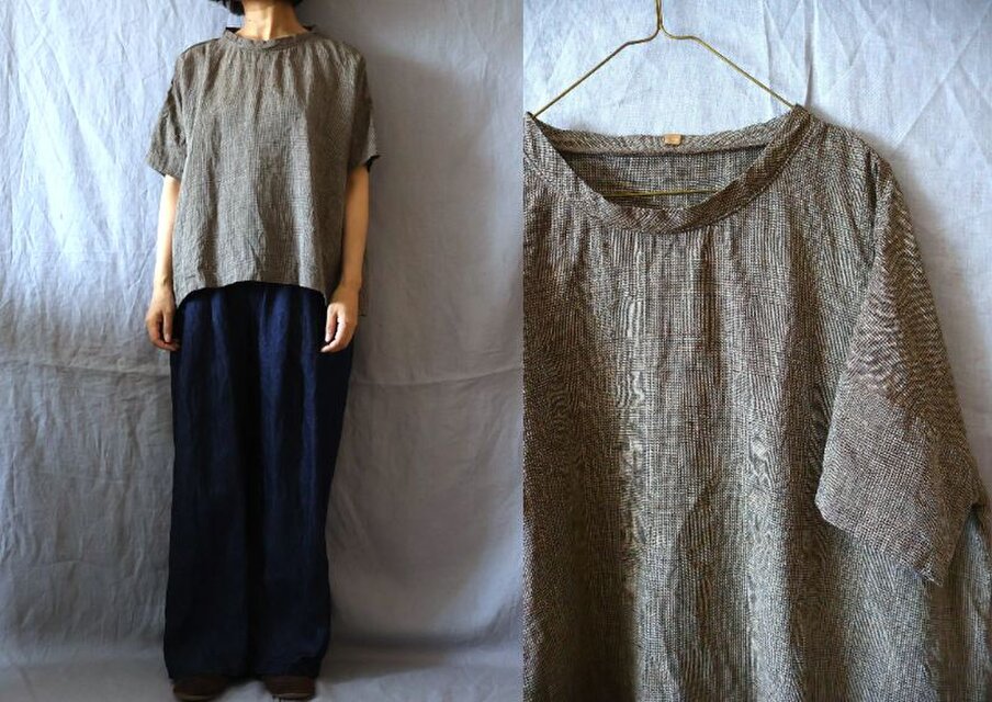 【受注制作】キャメル/グレンチェックリネン　ゆるり半袖プル