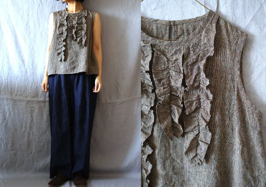 【受注制作】キャメル/グレンチェックリネン　フリル/きっちりランクルー