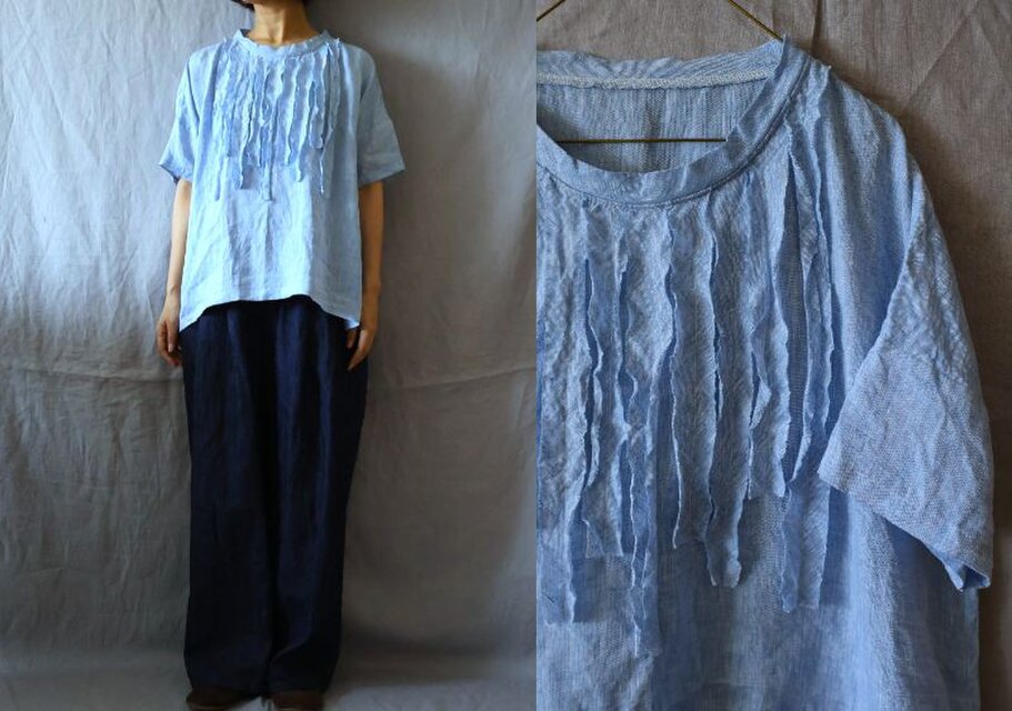 【受注制作】水色/リネンシャンブレー　細フリル/ゆるり半袖プル
