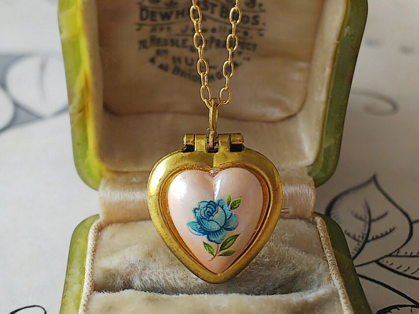 ヴィンテージ　Blue薔薇／淡いピンク　Heartロケットネックレス