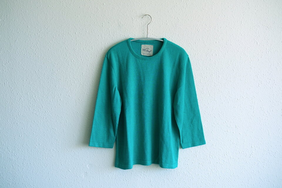 【new】リネンニット　7分袖プルオーバー（ショットグリーン）レディースMサイズ