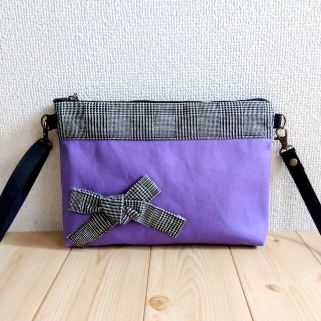 【特価】リボンショルダーバッグ　25cmファスナー　グレンチェック×パープル帆布　　745