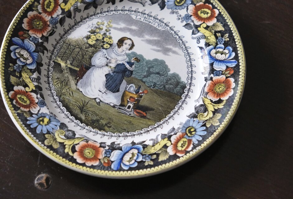 Creil クレイユ 手彩色 グリザイユ皿 平皿 φ20.6cm フランス